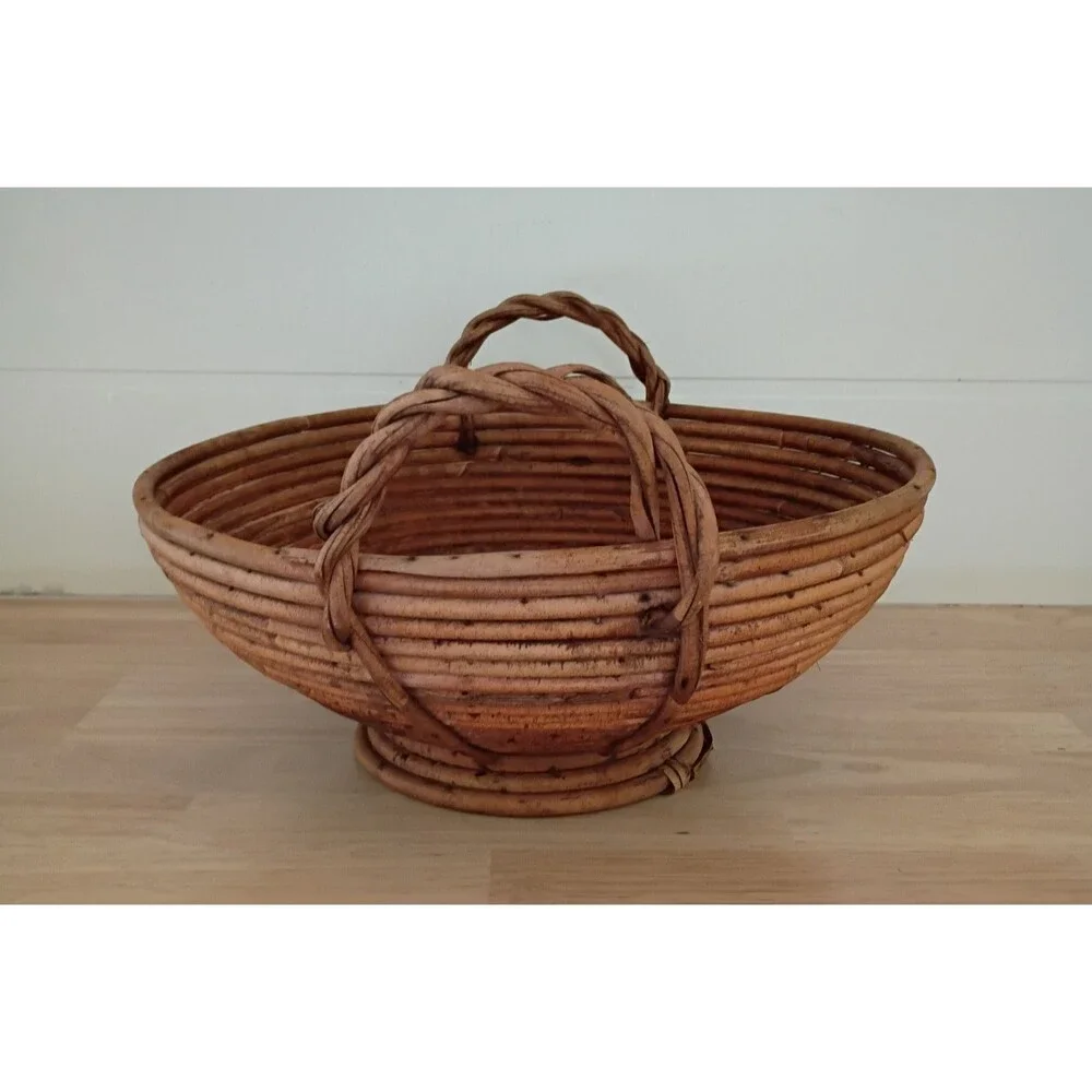 Mid-Century Footed Gabriella Crespi-style Large Pencil Reed Rattan Bowl 14 inch